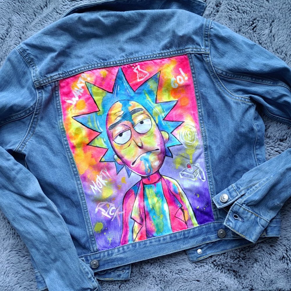 Vintage Denim Jacket Rick Sanchez Women's M Size Hand Painted Art